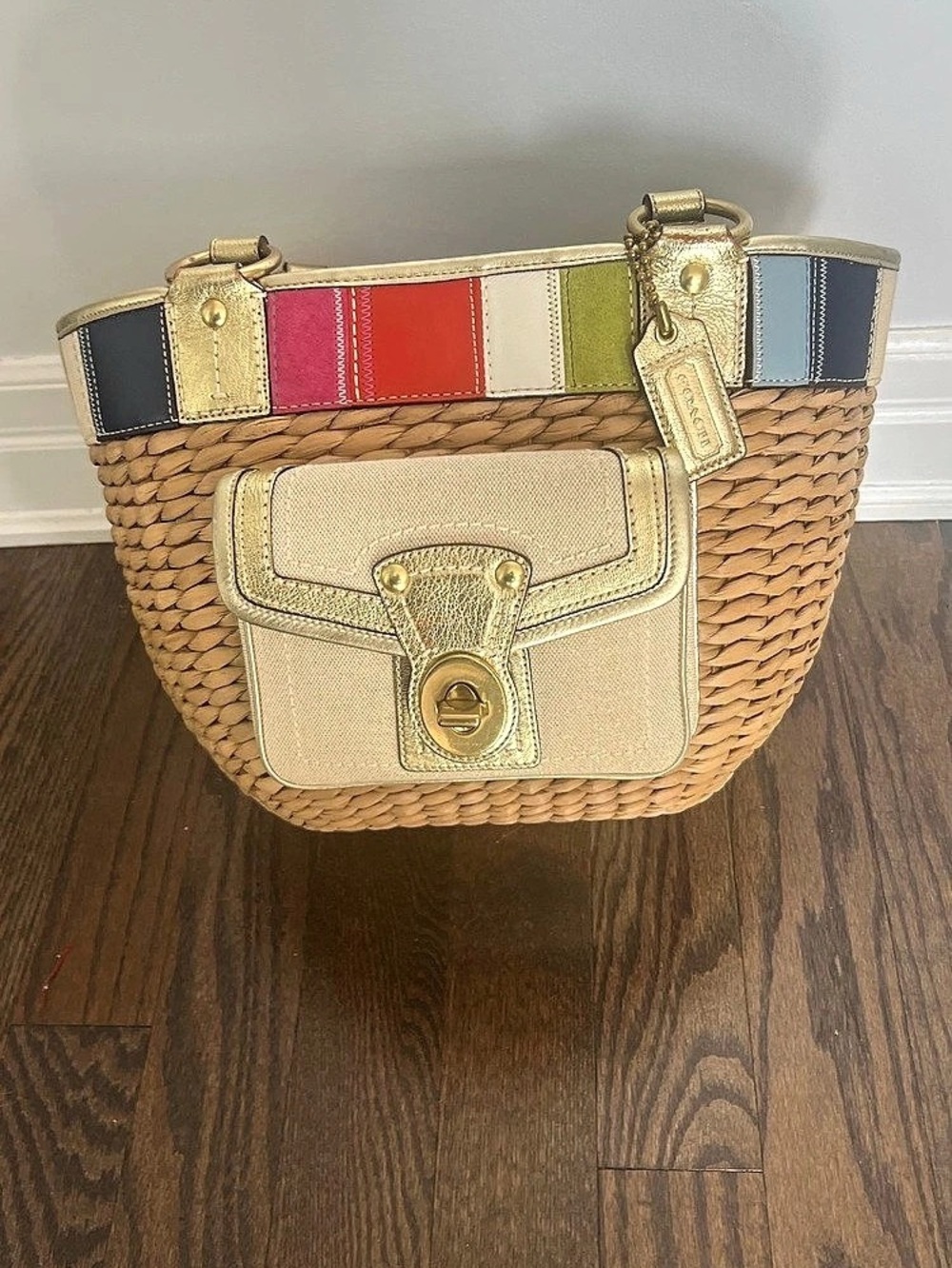 Coach Basket Tote With Leather and Suede Stripes